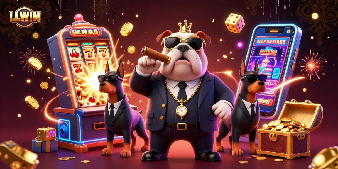 Experience the excitement at LLWIN with vibrant casino graphics and a mafia-themed illustration.
