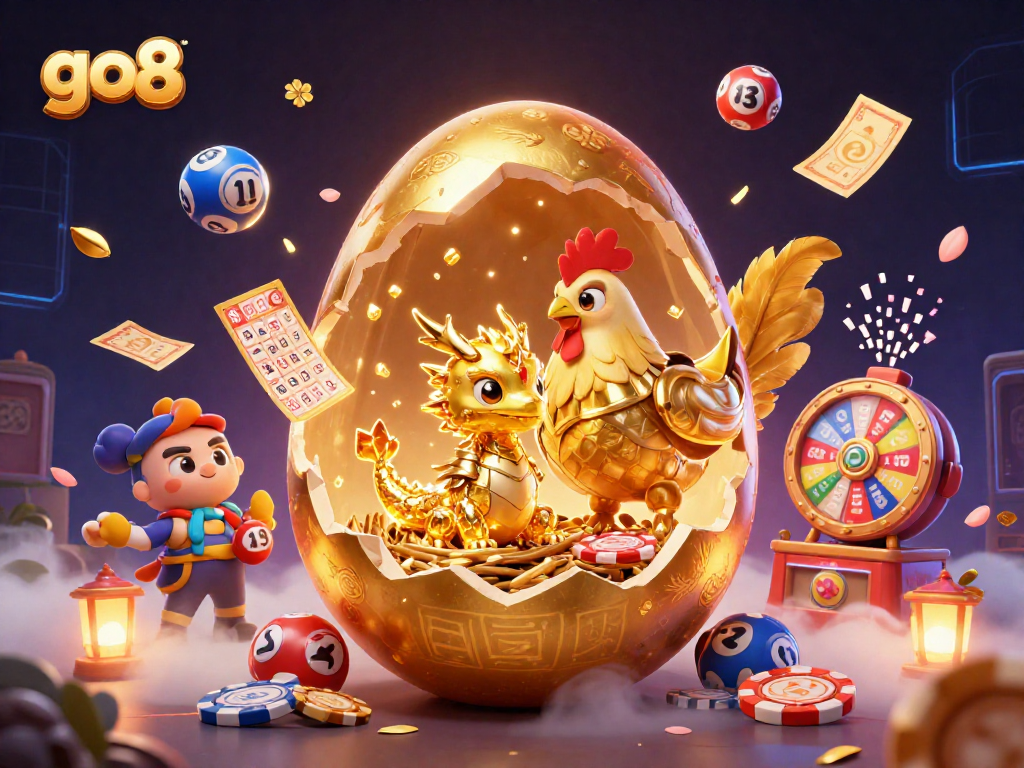 Engage with go8's exciting golden casino scene featuring a baby dragon, poker chips, and vibrant game elements.