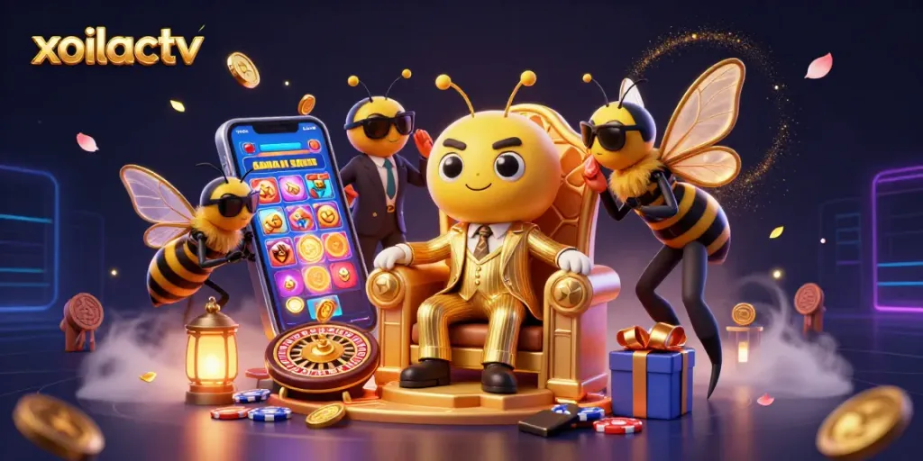 Xoilactv showcases a vibrant casino scene with thrilling slot games, featuring a bumblebee mob boss and his entourage.