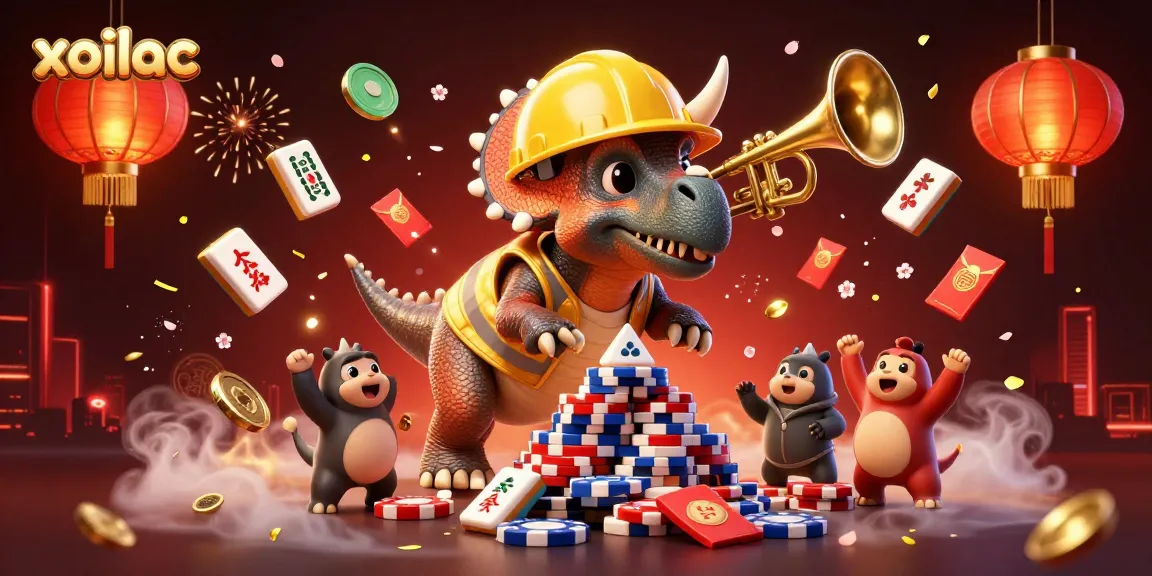 Experience the excitement of xoilac with animated dinosaurs building poker chips amidst festive elements.
