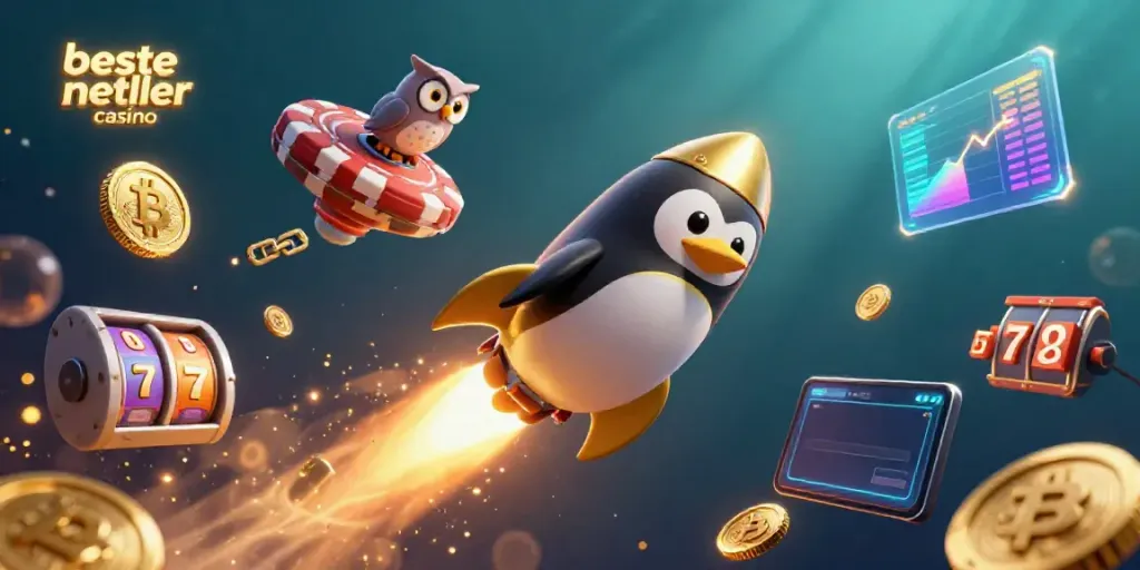 Engage with the beste neteller casino experience featuring a rocket-powered penguin and vibrant gambling elements.