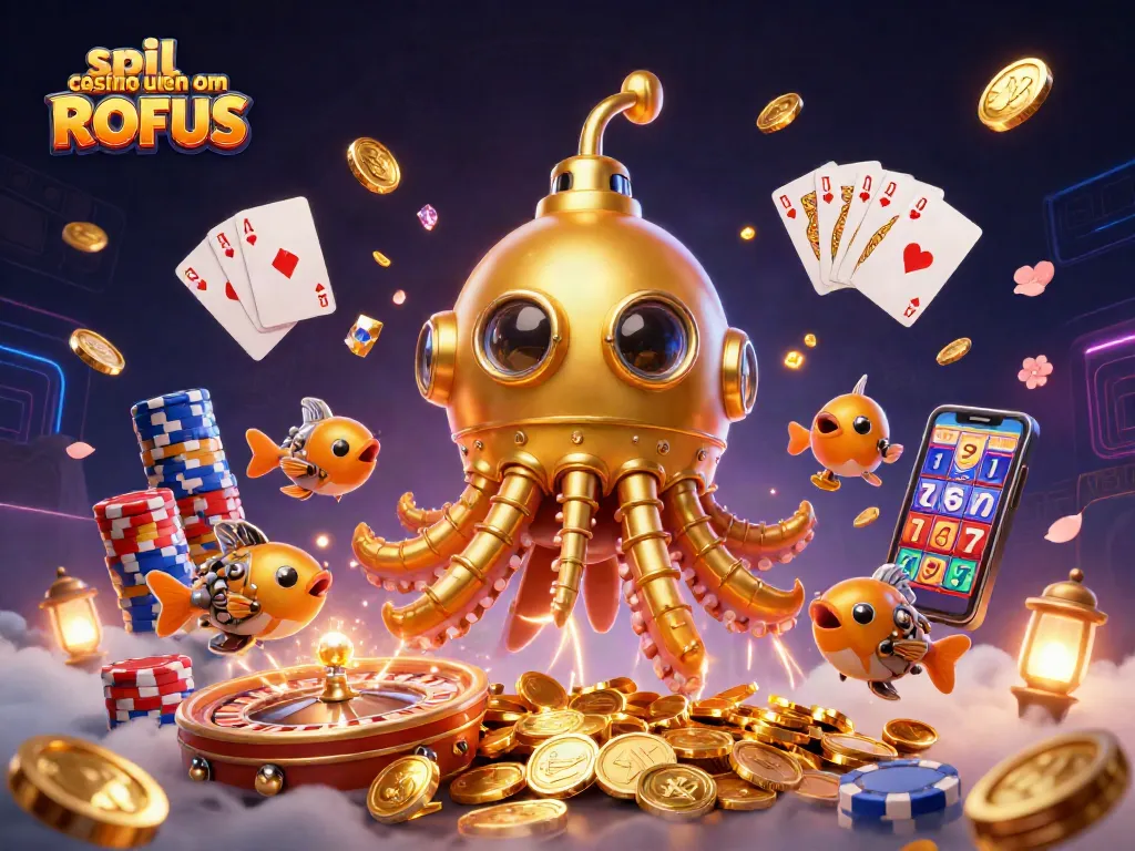 Experience the thrill of spil casino uden om ROFUS with a golden kraken submarine amidst golden coins and gaming elements.