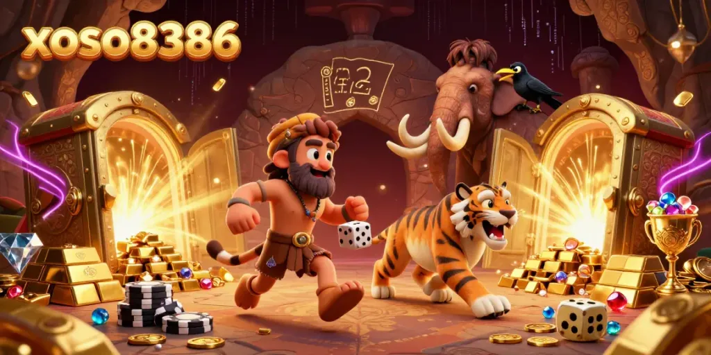 Engage in exciting gaming at xoso8386 with a vibrant prehistoric casino scene featuring unique characters and treasures.