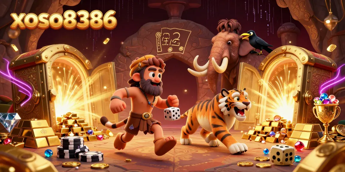 Engage in exciting gaming at xoso8386 with a vibrant prehistoric casino scene featuring unique characters and treasures.