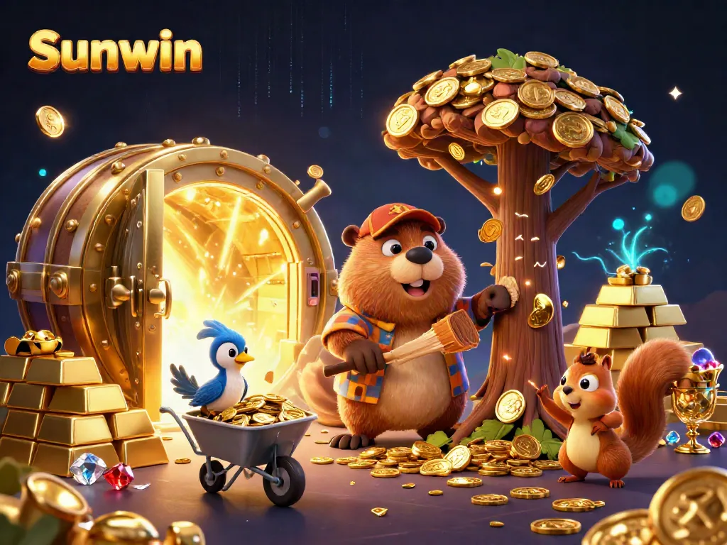 Experience thrilling wins at Sunwin with animated casino characters collecting gold coins.