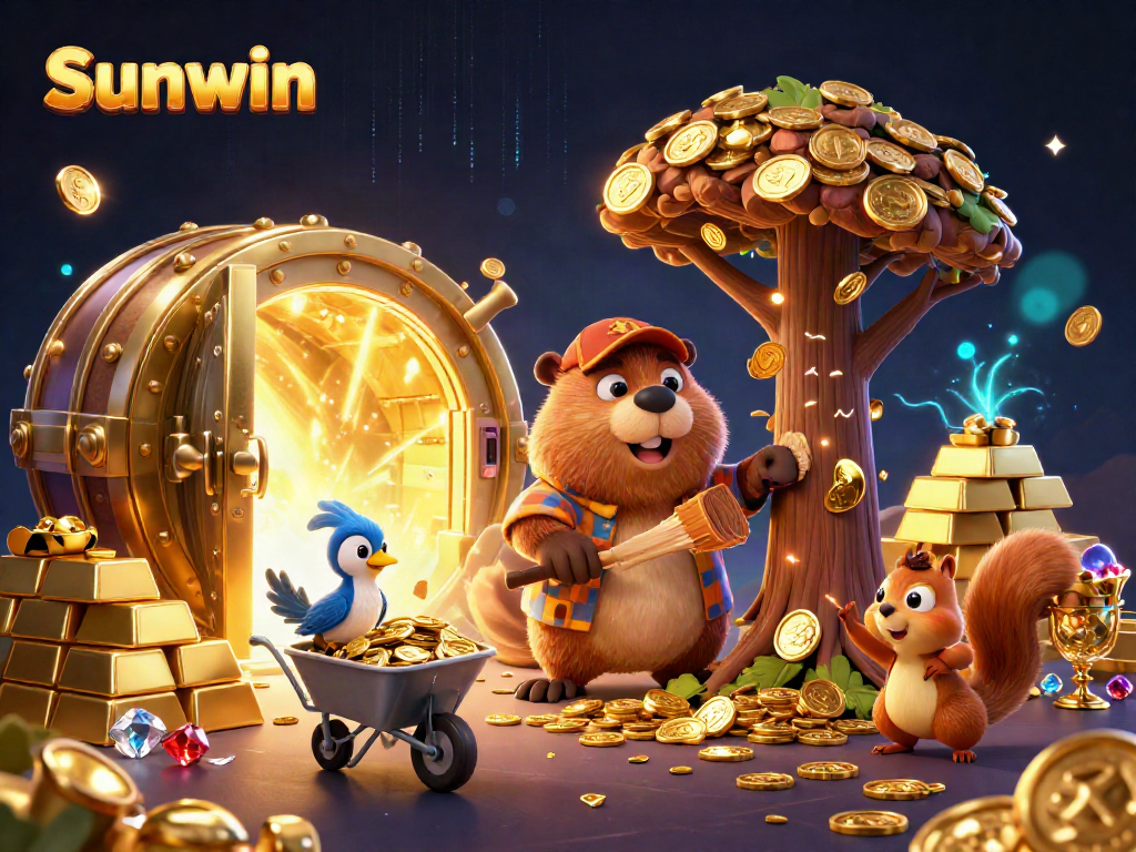 Experience thrilling wins at Sunwin with animated casino characters collecting gold coins.