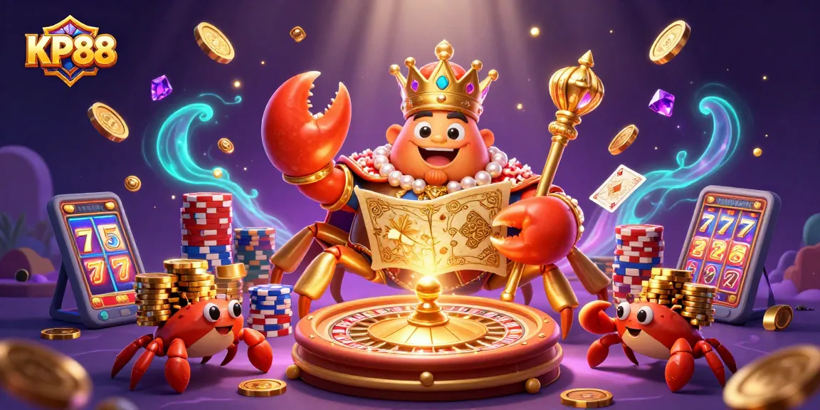 KP88 offers thrilling jackpot spins with a golden crab emperor and vibrant casino elements.
