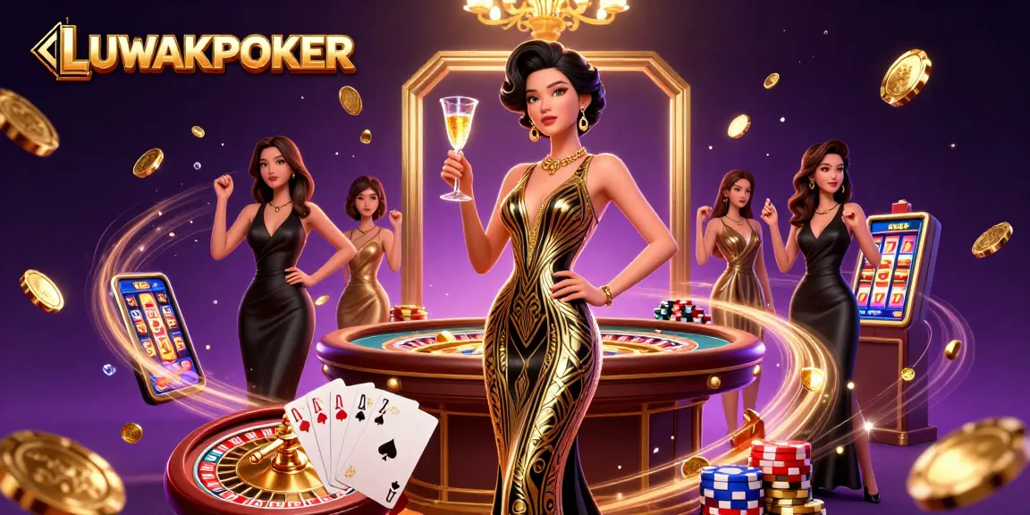 Experience thrilling wins at LUWAKPOKER with glamorous gameplay featuring cascading coins and vibrant slot machines.