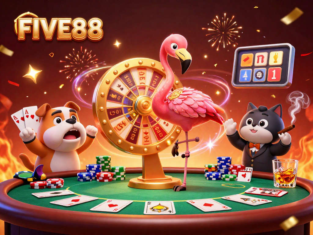 Experience the excitement of FIVE88 with a vibrant 3D casino scene featuring games, prizes, and lively characters.