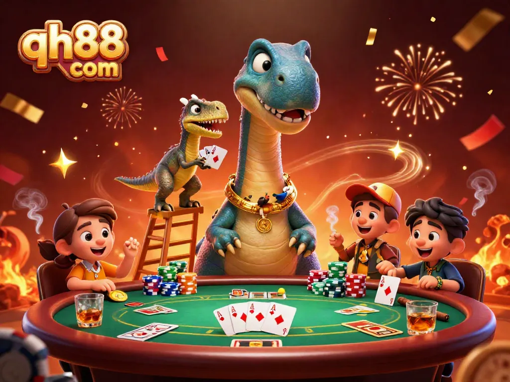 Bet on qh88 com with a colorful illustration of dinosaur characters engaging in a poker game.