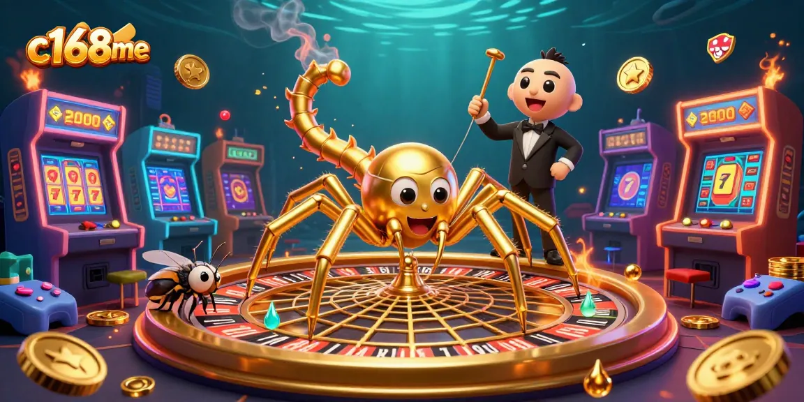 Engage with c168me as the golden spider spins a roulette wheel amidst arcade elements.