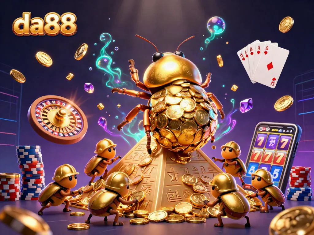 Experience thrilling gameplay with da88 as golden beetles roll coins in a vibrant casino scene.