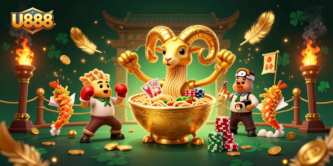 U888's dynamic casino scene with a giant ramen bowl dealer and themed characters engaged in gaming