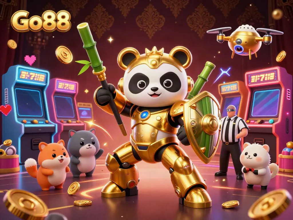 Experience the excitement of Go88 with a vibrant 3D arena illustration showcasing a panda in a mech-suit amidst slot machines.