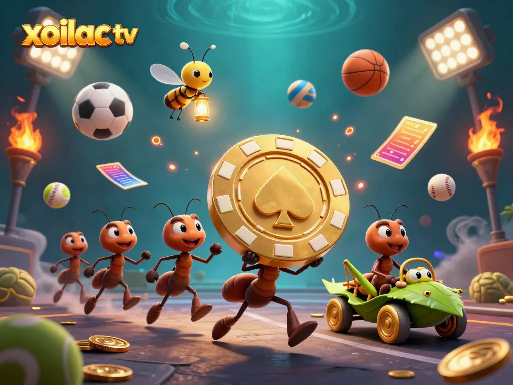 Xoilac TV promotion featuring energetic cartoon ants carrying a giant poker chip in a vibrant scene.