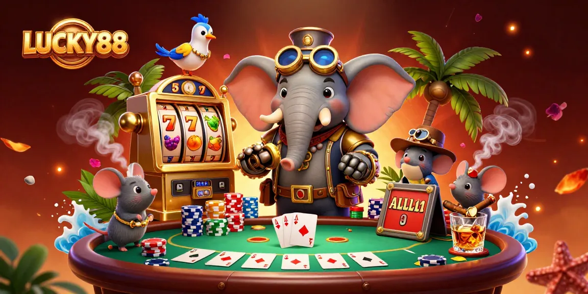 Feature LUCKY88 in dynamically engaging gaming scene with steampunk elements and slot machines