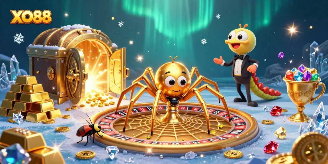 Bet the odds at XO88 with engaging 3D casino illustration of a spider dealer and dazzling treasures.