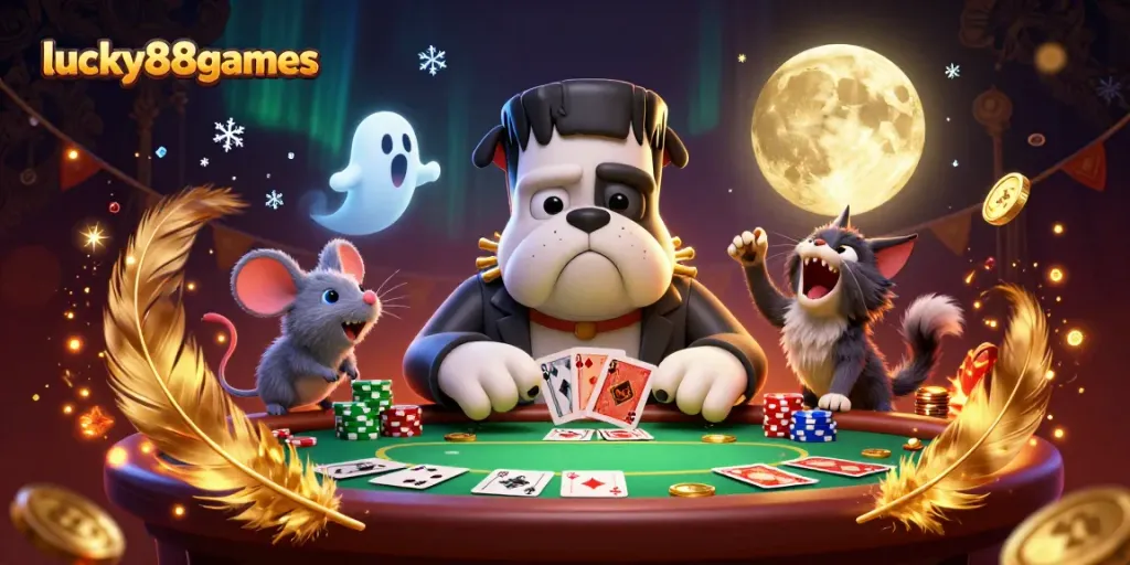 Play poker with lucky88games featuring a Frankenstein bulldog and ghost mouse in a vibrant casino setting.