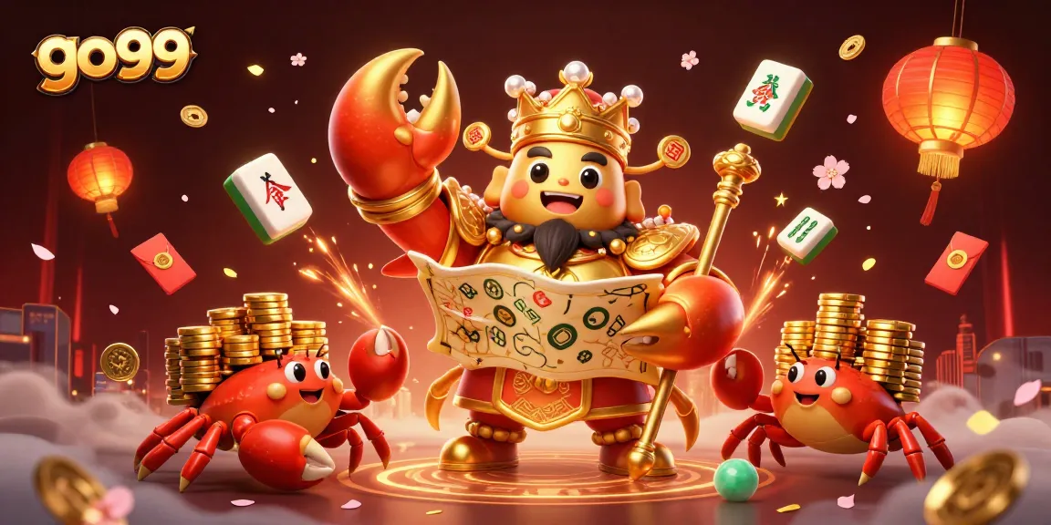 Catch thrilling adventures at go99 with golden crab emperor and treasure in a dynamic casino scene.