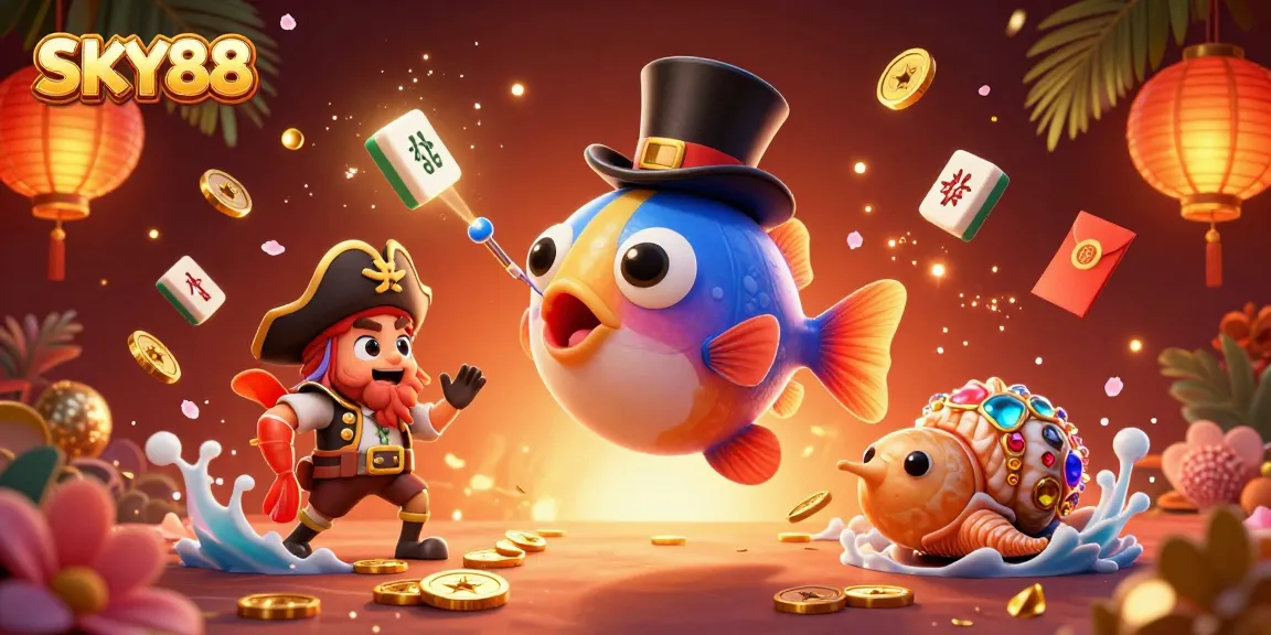 SKY88 offers thrilling adventures with a vibrant ocean-themed 3D casino illustration showcasing unique characters.