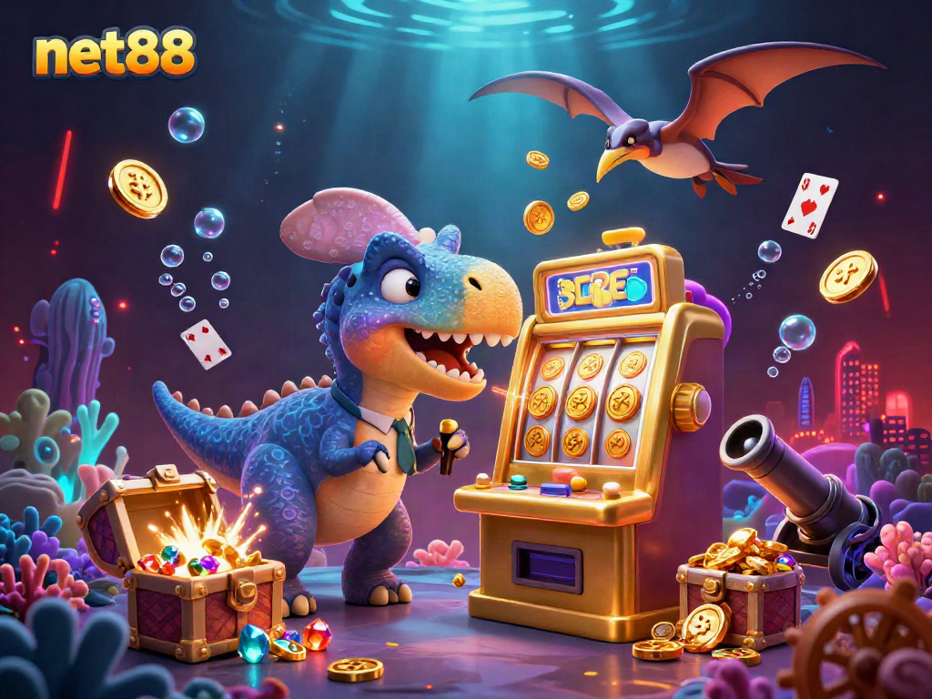 Experience net88’s exciting jackpot moments with 3D cartoon dinosaurs and dynamic casino elements!