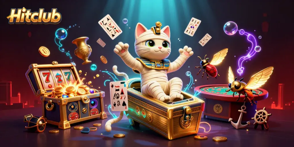 Engage in thrilling casino action with Hitclub's dynamic slot and card games featuring vibrant characters.