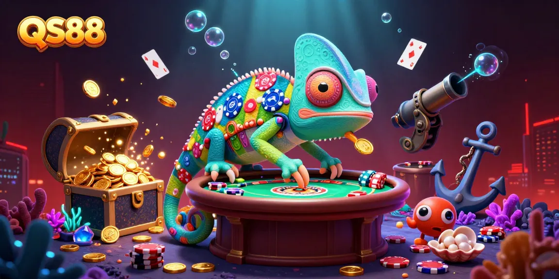 Experience QS88 with a vibrant chameleon casino owner amidst gold coins and underwater treasures.