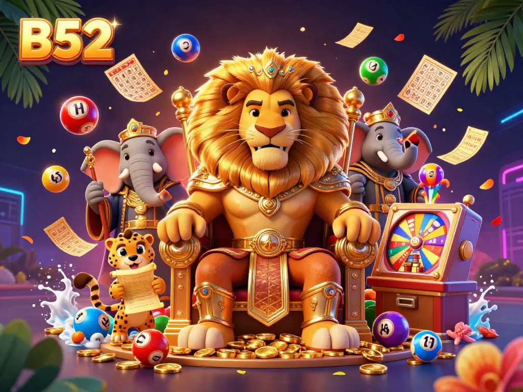Experience the excitement of B52 gaming with a vibrant casino scene featuring a lion king, an elephant advisor, and a cheetah messenger.