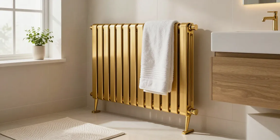 Stijlvolle gouden handdoekradiator in moderne badkamer met zachte verlichting en decoratieve handdoeken.