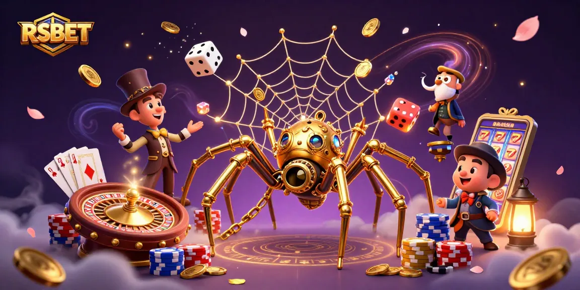 Experience excitement with RSBET's vibrant steampunk casino scene filled with golden spider webs, coins, and lucky dice.