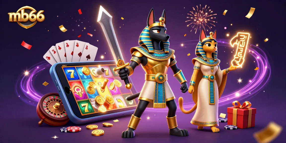 Spin the reels in mb66’s vibrant casino world featuring Anubis and Bastet amidst golden jackpots.