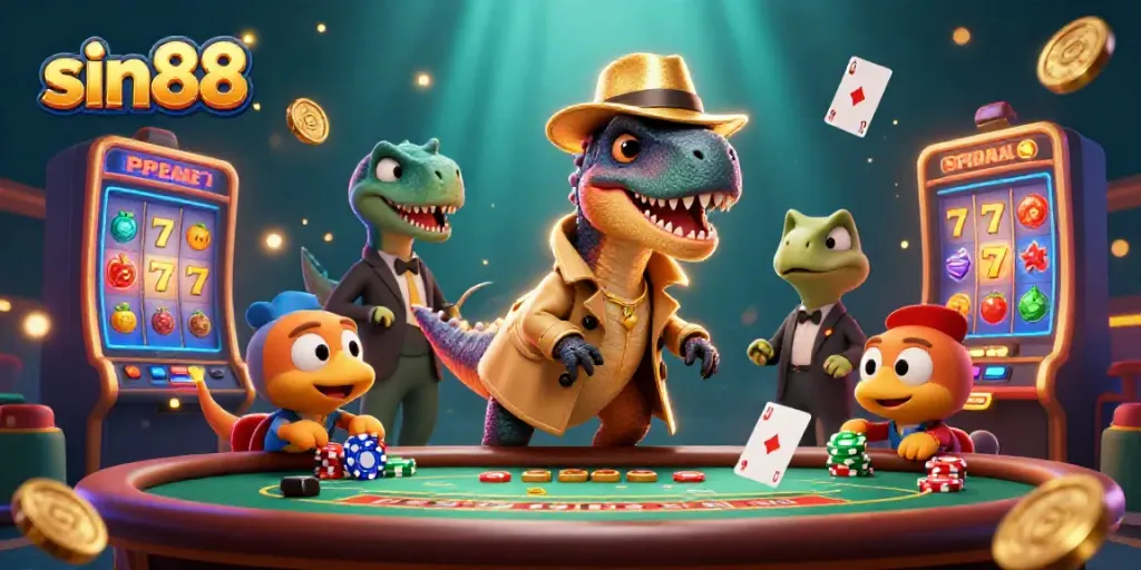 Experience thrilling gameplay with sin88 as a velociraptor card counter navigates a dynamic casino scene.