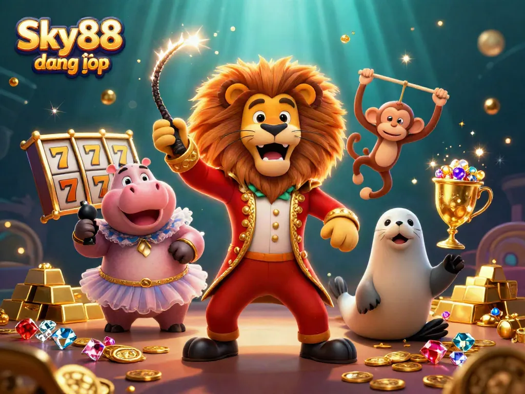 Engage with Sky88 đăng nhập as a lively circus scene featuring rich gambling elements and dynamic characters.