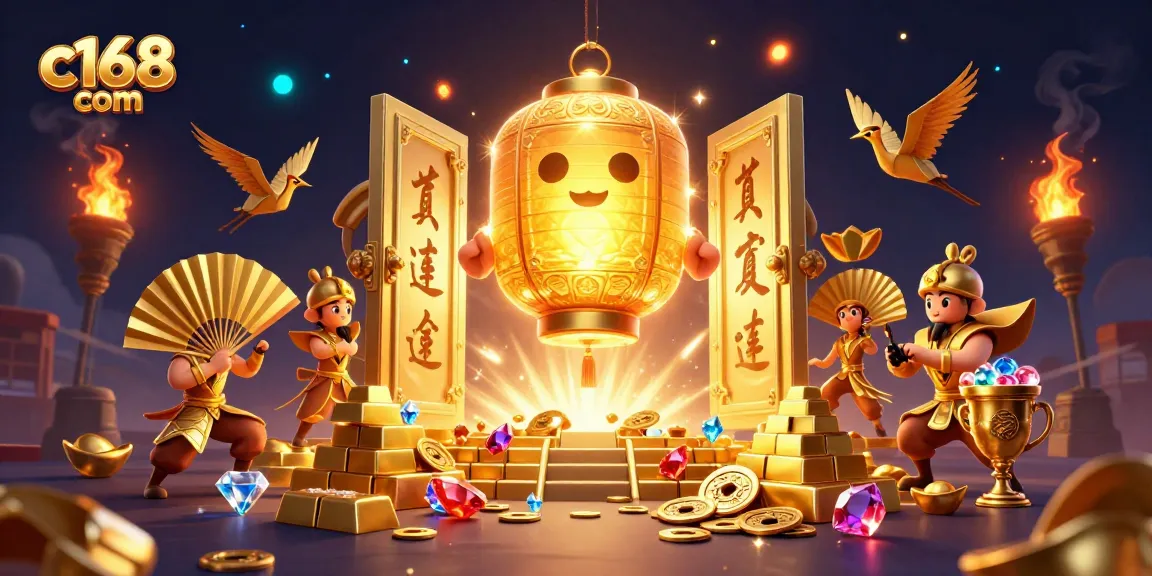 Experience thrilling gaming action at c168 com with vibrant 3D characters amidst gold treasures.