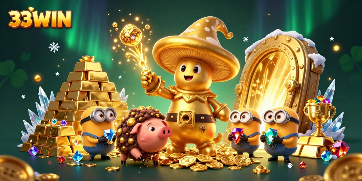 33WIN presents an enchanting scene with a golden wizard and treasures, showcasing a vibrant online casino experience.