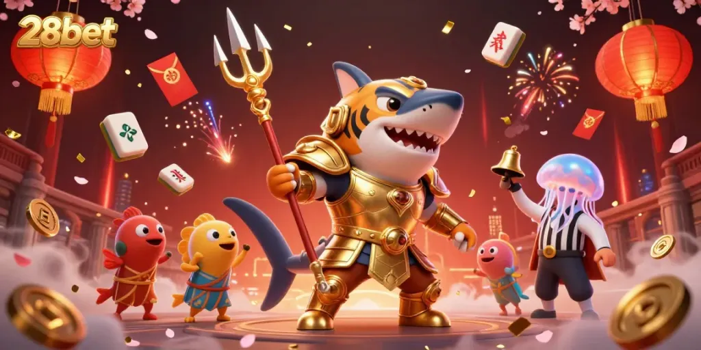 Engage with the vibrant underwater world of 28bet featuring a heroic tiger shark, golden casino elements, and a lively gambling scene.