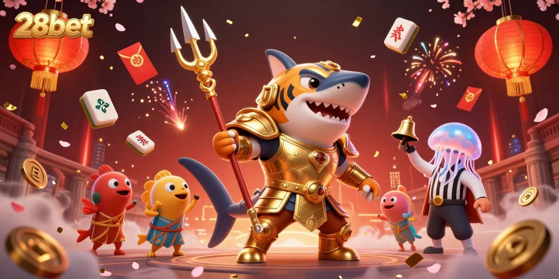 Engage with the vibrant underwater world of 28bet featuring a heroic tiger shark, golden casino elements, and a lively gambling scene.
