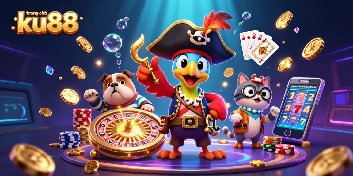 Engage in thrilling gameplay at trang chủ ku88 with 3D characters celebrating wins amidst flying coins and cards.