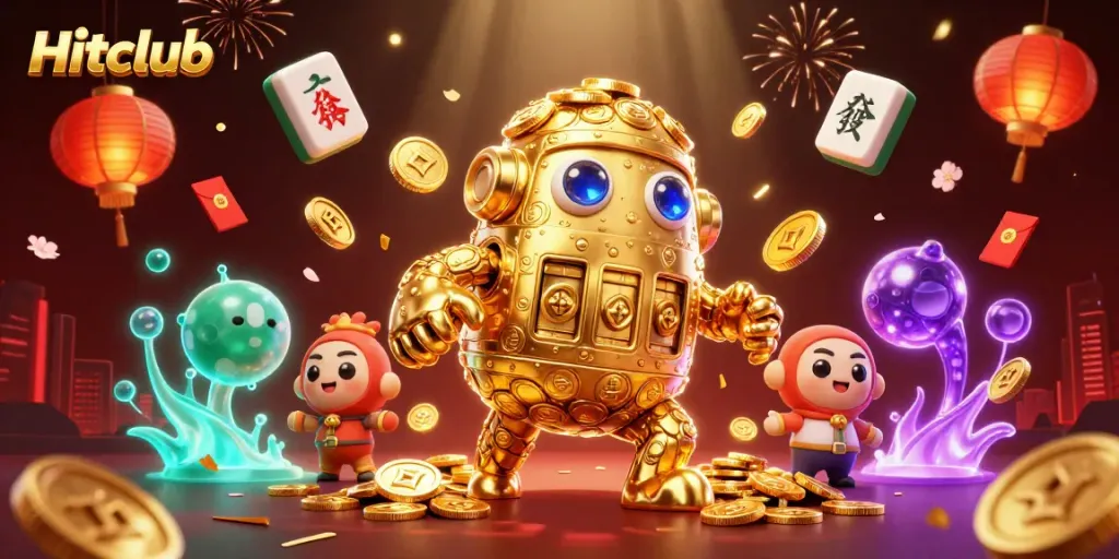 Experience the thrilling gameplay at Hitclub, featuring animated golden golem and lively casino elements.