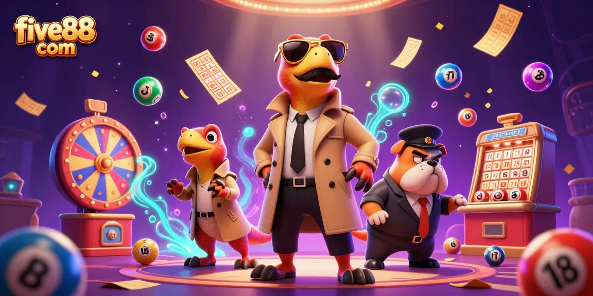Experience thrilling moments with five88 com as raptors enter a VIP casino lounge amidst lottery balls and game elements.