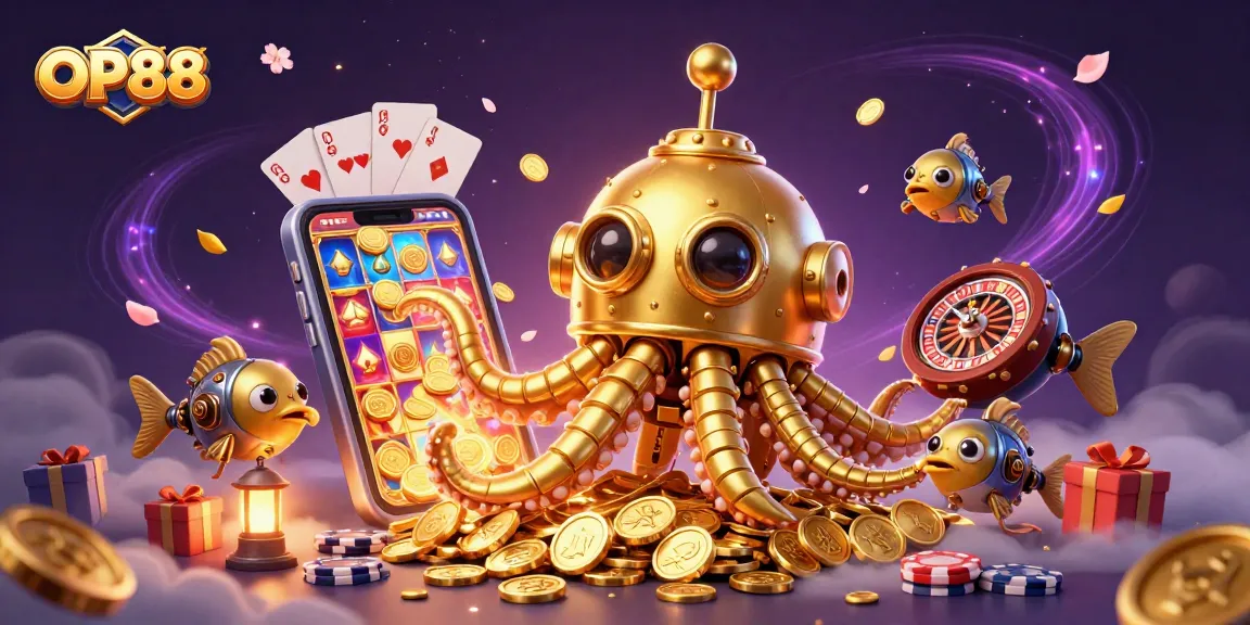 OP88 dives into action with a golden kraken submarine amidst a vibrant casino scene filled with games.
