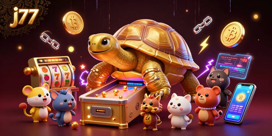 Engage in exciting slot gameplay at j77 with a lively scene of golden tortoise, crypto elements, and vibrant colors.