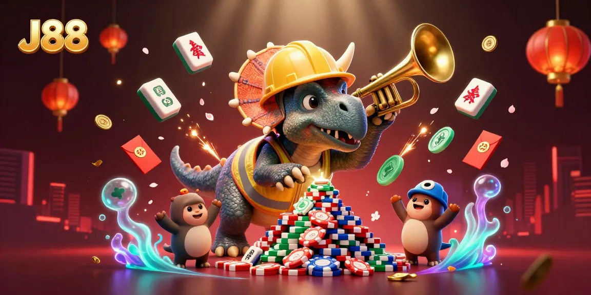 J88 interactive scene with a triceratops and poker chips in a festive casino atmosphere