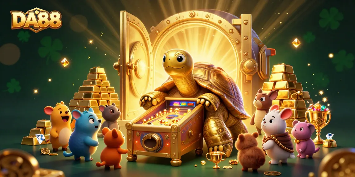 Play exciting games with DA88, featuring a colossal golden tortoise casino scene bursting with treasures.