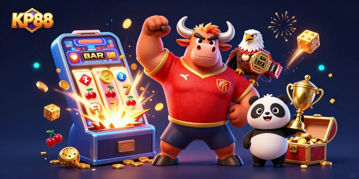 Experience KP88's thrilling casino adventure with a cartoon bull, eagle, and panda among slot machines.