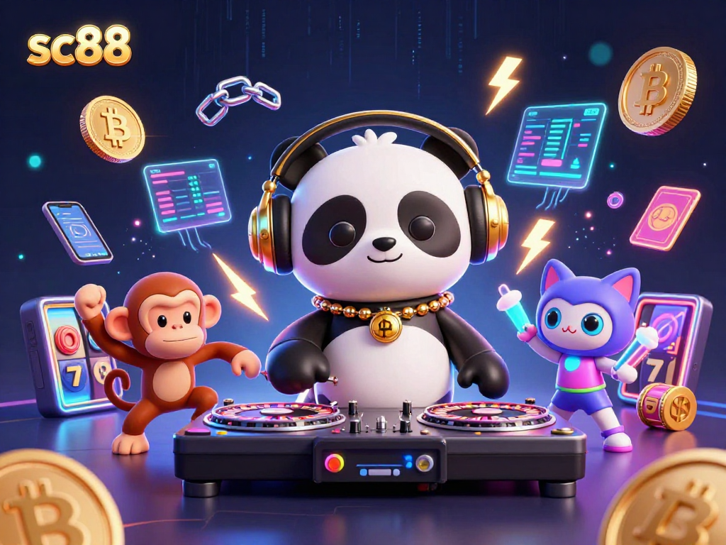 Engage with sc88 through a vibrant scene featuring a DJ panda and casino elements.