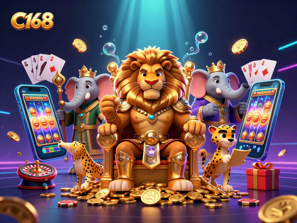 Bet on C168 with a fierce lion king, lucky elephants, and cheetahs in a vibrant casino scene.