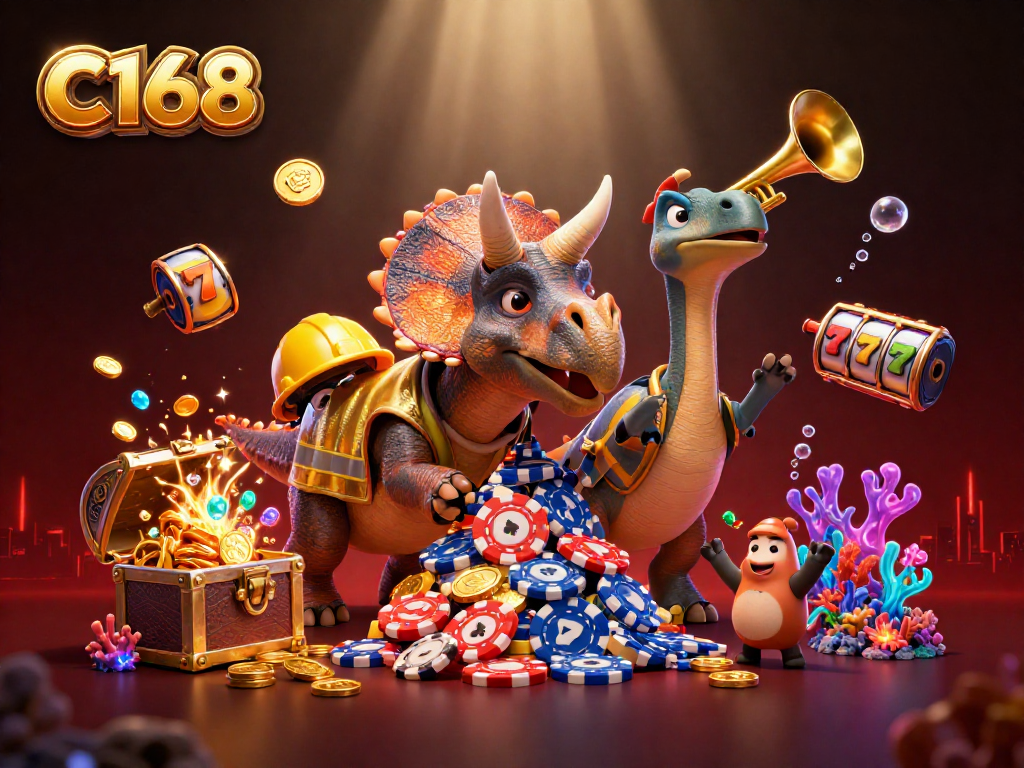 Experience C168's thrilling casino atmosphere with vibrant characters celebrating jackpot wins.