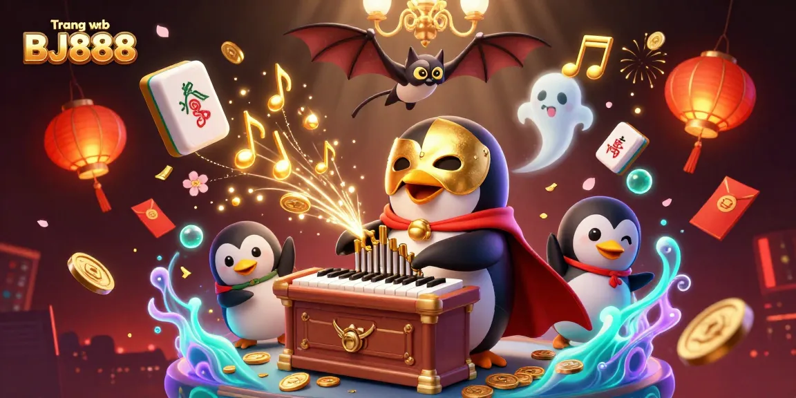 Experience excitement at Trang web BJ888 as a penguin plays an organ, surrounded by casino-themed elements.