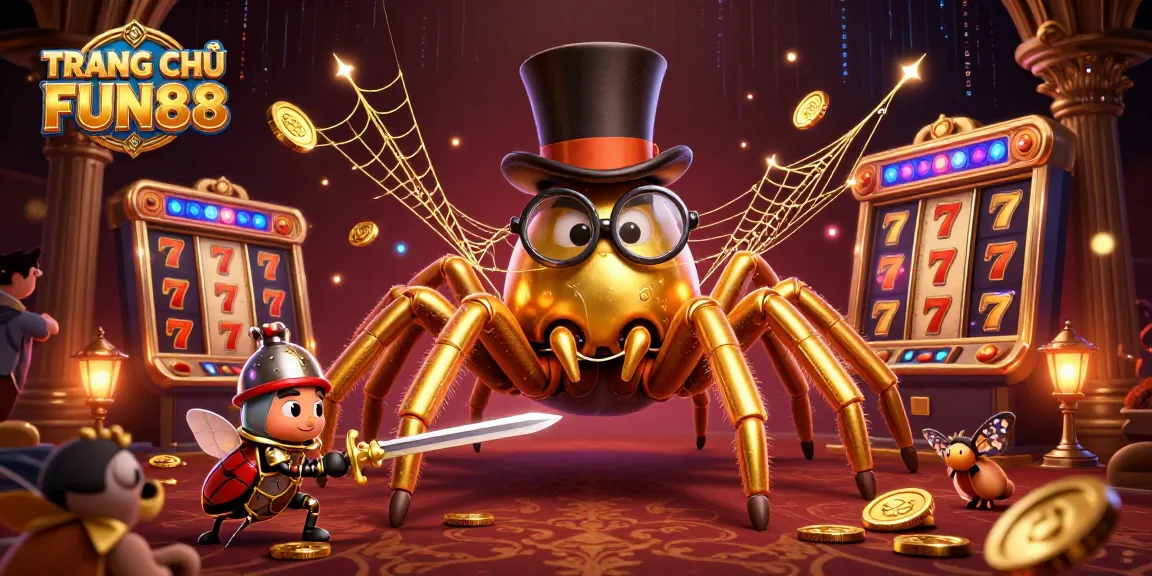 Engage with TRANG CHỦ FUN88 in this vibrant 3D casino scene featuring a golden tarantula and beetle knight.